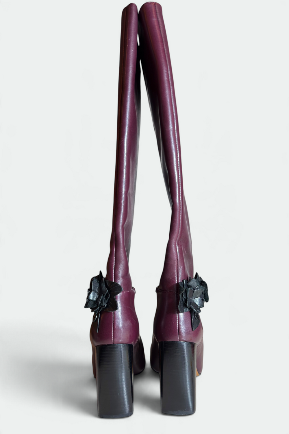 COMING SOON: TORY BURCH PLUM LEATHER FLORAL CHAIN KNEE-HIGH BOOTS | AMERICAN SECONDHAND