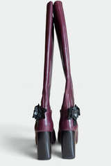 COMING SOON: TORY BURCH PLUM LEATHER FLORAL CHAIN KNEE-HIGH BOOTS | AMERICAN SECONDHAND