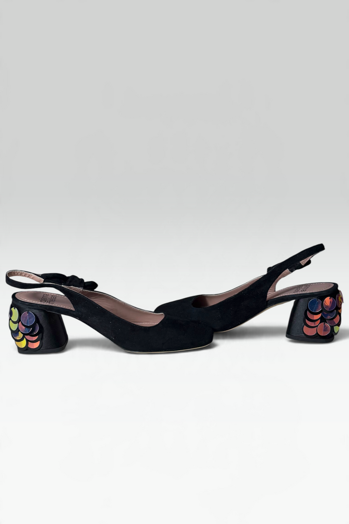 COMING SOON: GIANNA MELIANI BLACK SUEDE SEQUIN-EMBELLISHED SLINGBACK HEELS | ITALIAN SECONDHAND