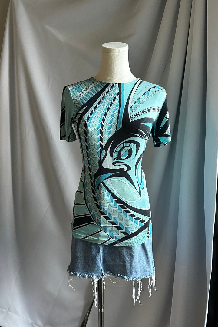 Emilio Pucci Aqua Geometric Print Tee | Italian Designer Vintage
