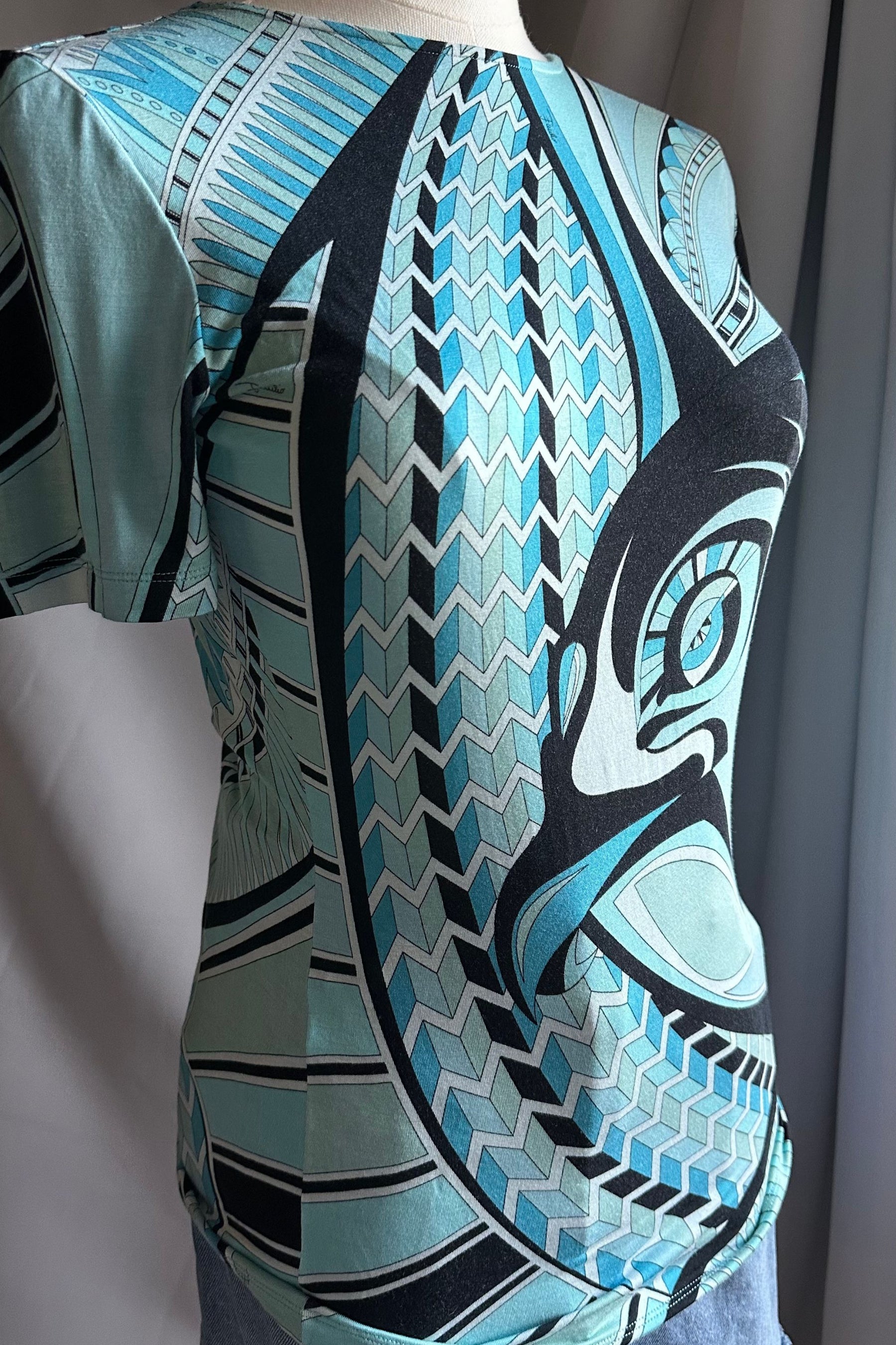 Emilio Pucci Aqua Geometric Print Tee | Italian Designer Vintage