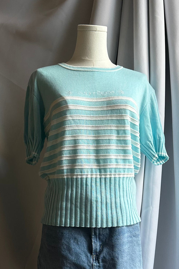 Courrèges Aqua Blue Striped Knit Tee | French Designer Vintage