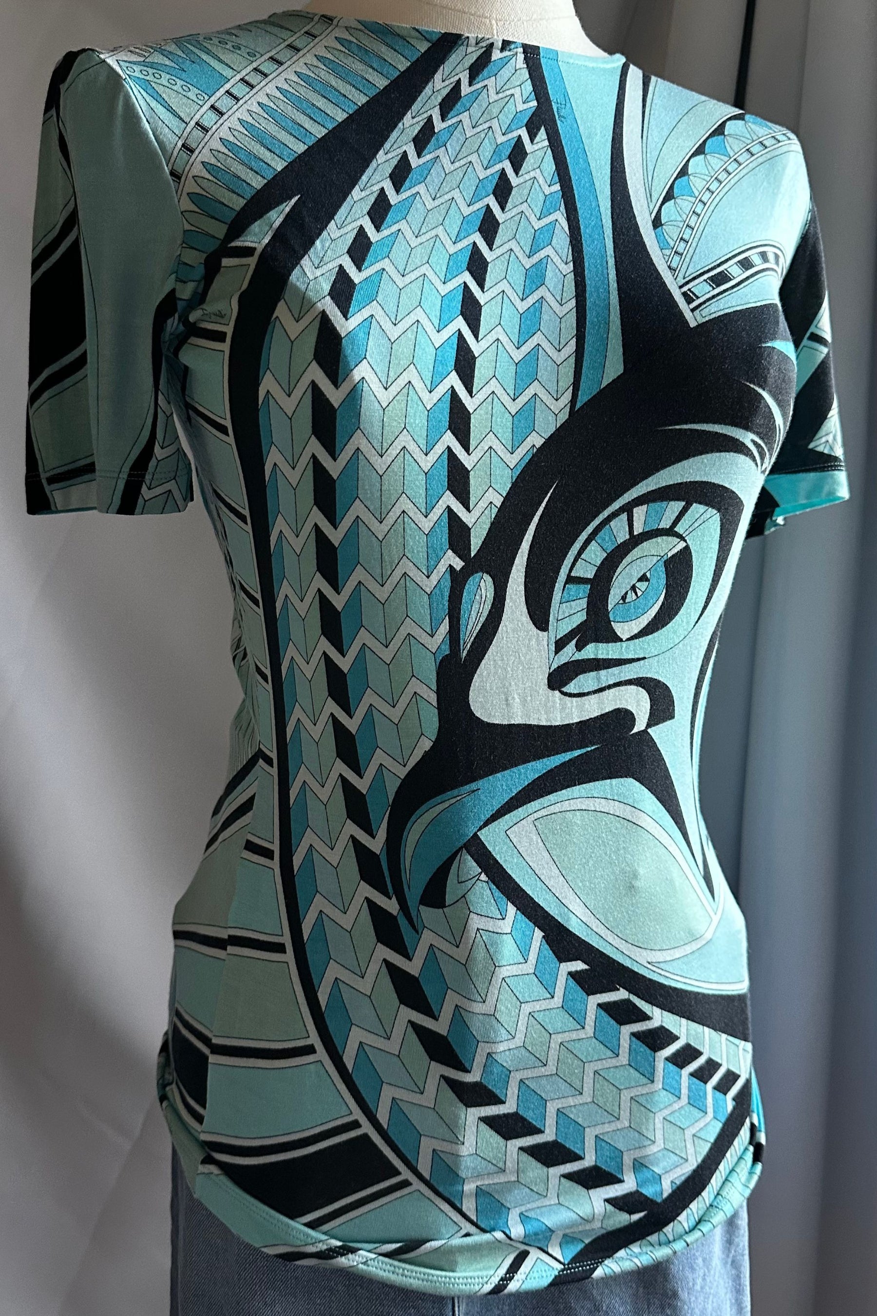 Emilio Pucci Aqua Geometric Print Tee | Italian Designer Vintage