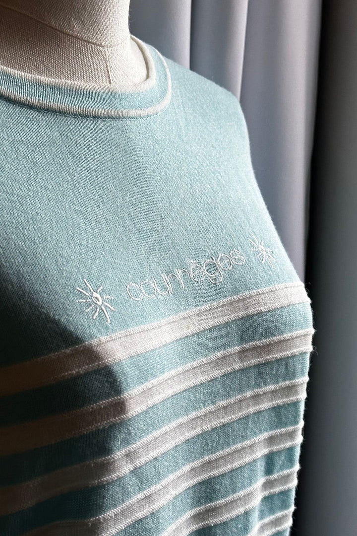 Courrèges Aqua Blue Striped Knit Tee | French Designer Vintage