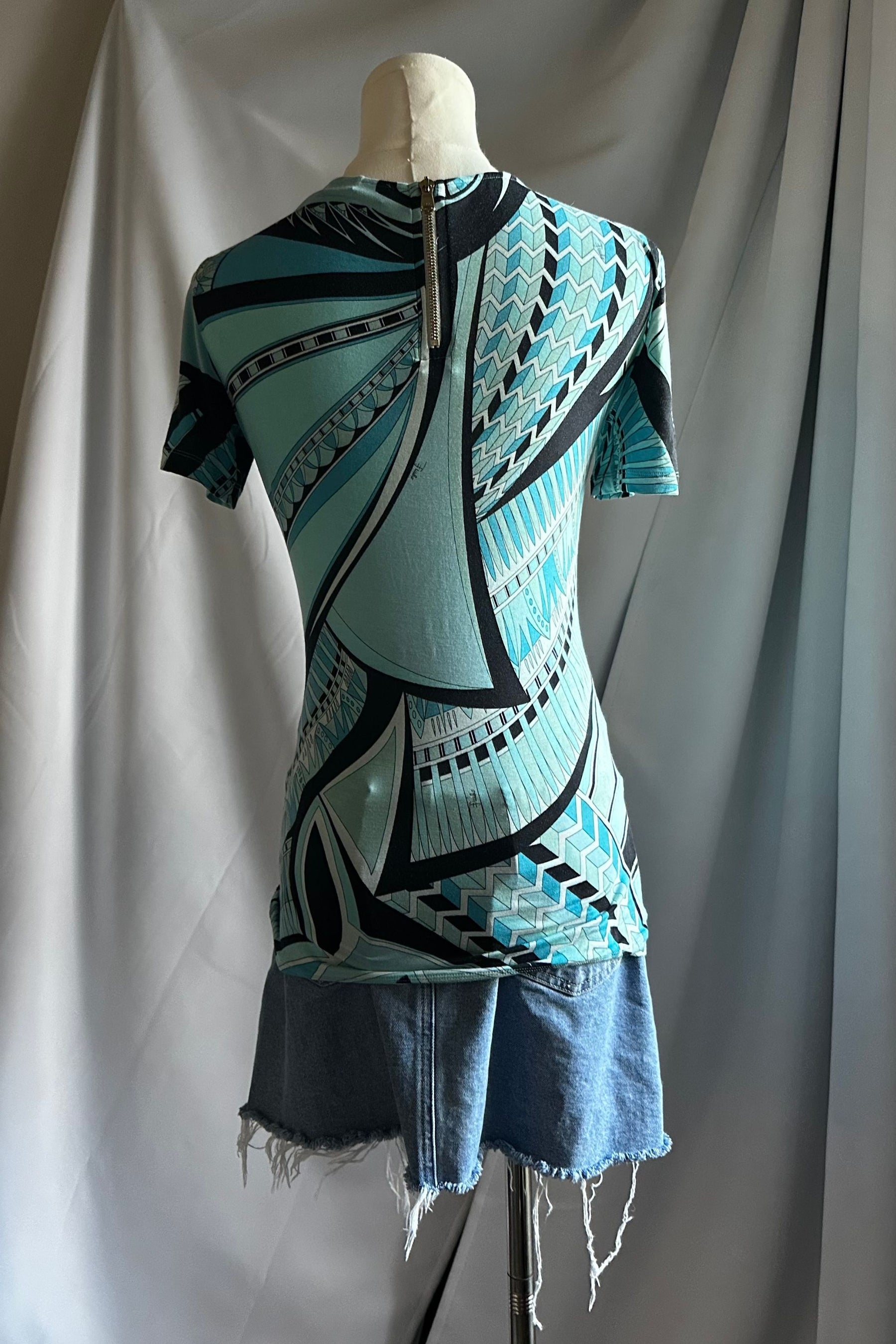 Emilio Pucci Aqua Geometric Print Tee | Italian Designer Vintage