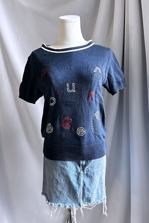 Courrèges Navy Embroidered Knit Top | French Vintage