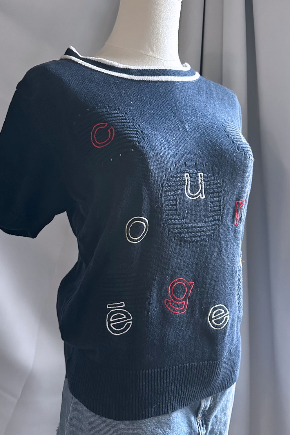 Courrèges Navy Embroidered Knit Top | French Vintage