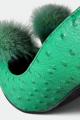 COMING SOON: DIANA AMOROSA GREEN OSTRICH-TEXTURED FUR POMPOM PUMPS | JAPANESE SECONDHAND