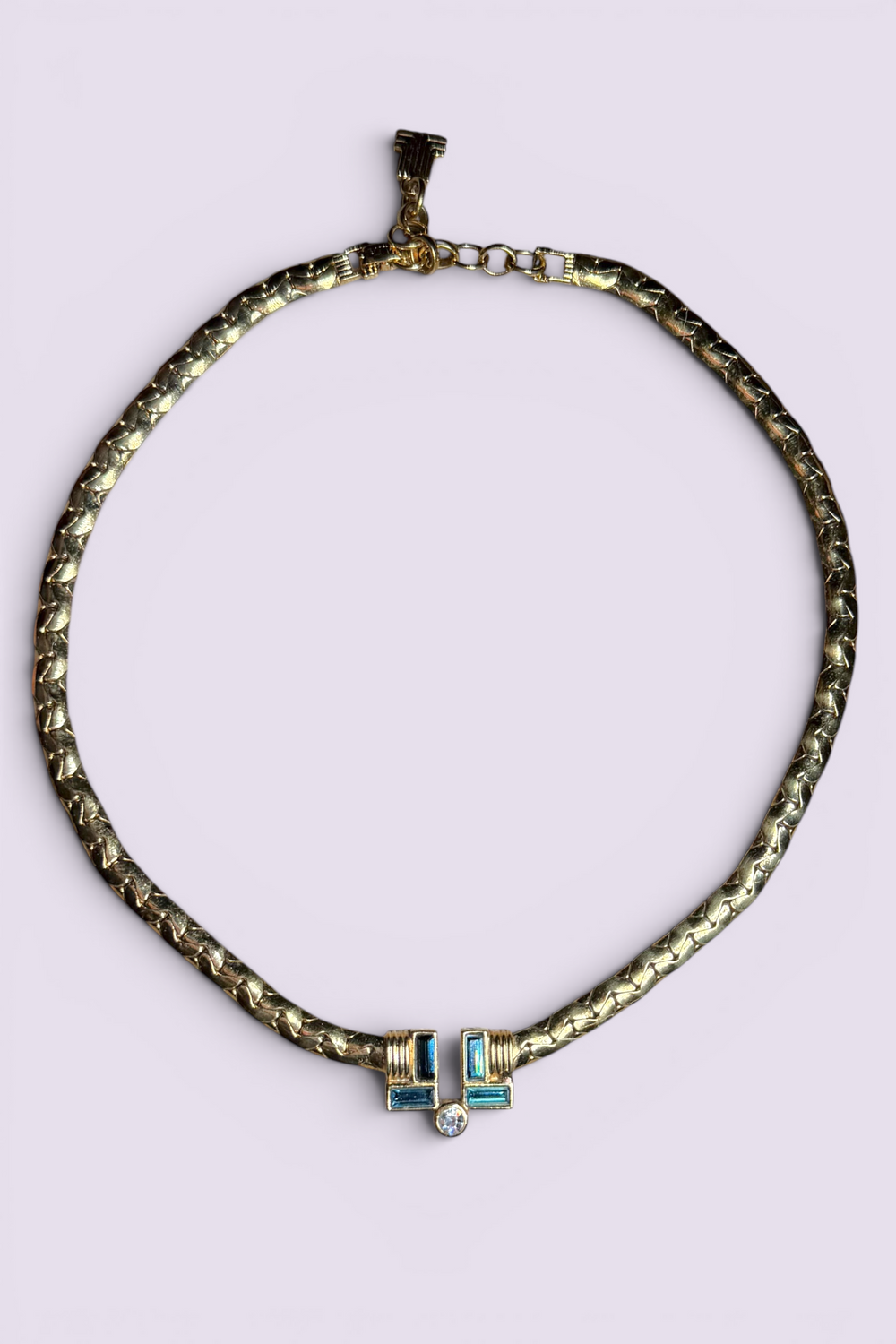 LANVIN Blue Crystal Gold Chain Necklace | French Vintage
