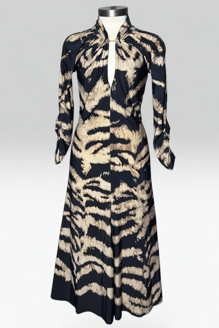 Coming soon: roberto cavalli High-Neck Keyhole Dress with Tiger’s Eye Collar Bar