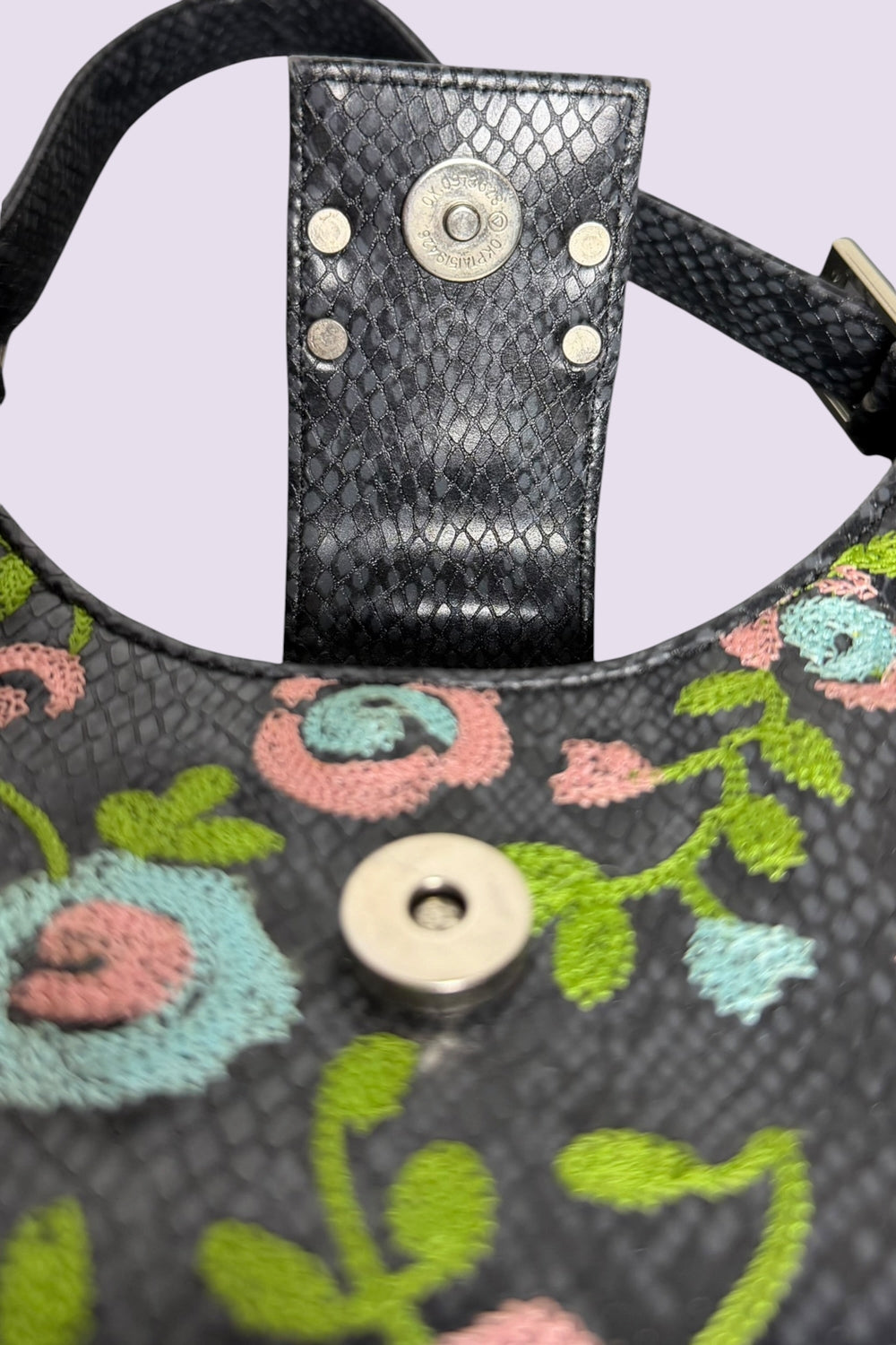 Guess Black Embroidered Python-Embossed Vegan Leather Bag | American Vintage