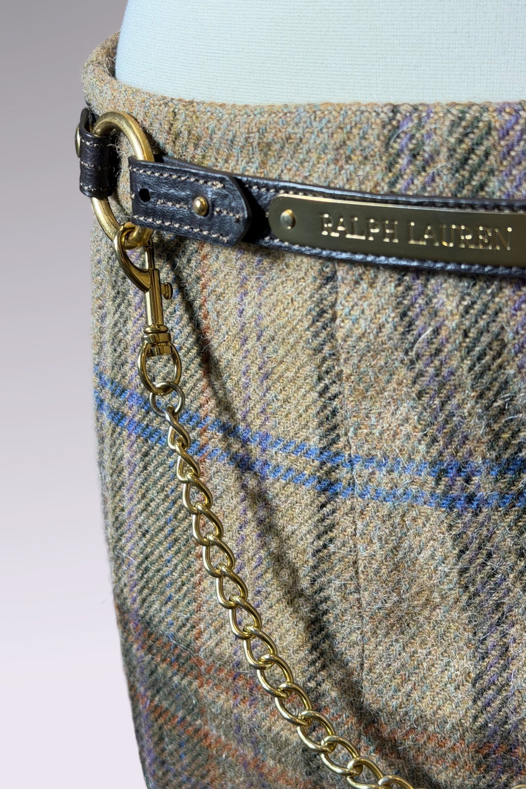 COMING SOON: Ralph Lauren Wool Alpaca Plaid Mini Skirt with Chain Belt Detail | American Vintage
