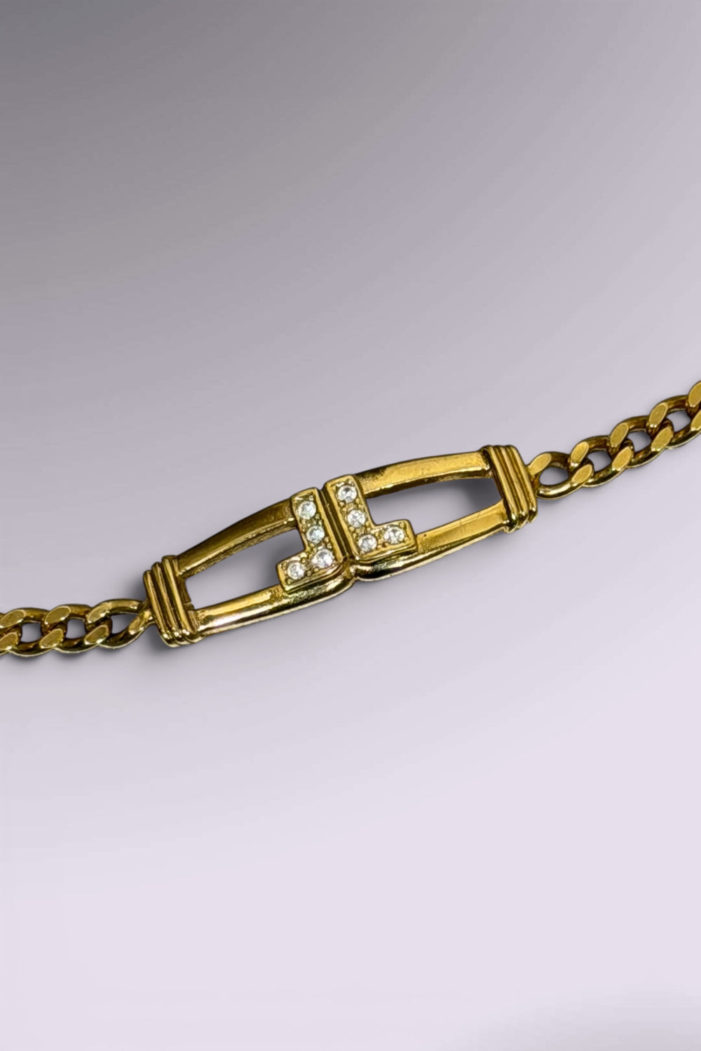 Lanvin LL Gold Tone Chain Bracelet with Pave Letter Detail | French Vintage