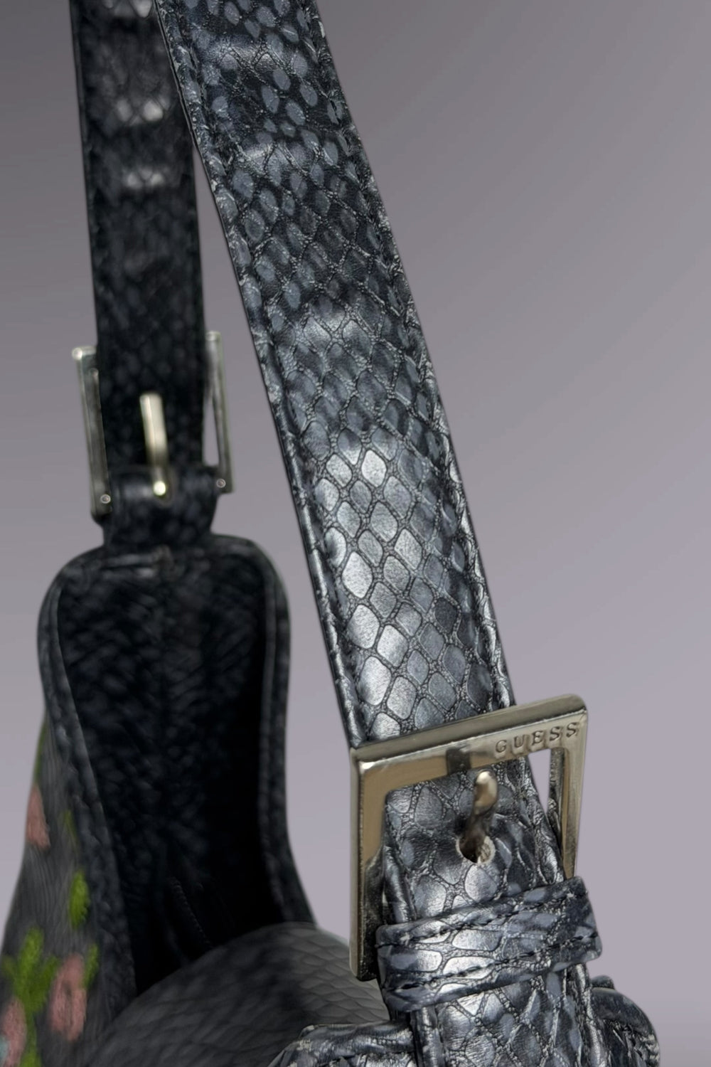 Guess Black Embroidered Python-Embossed Vegan Leather Bag | American Vintage