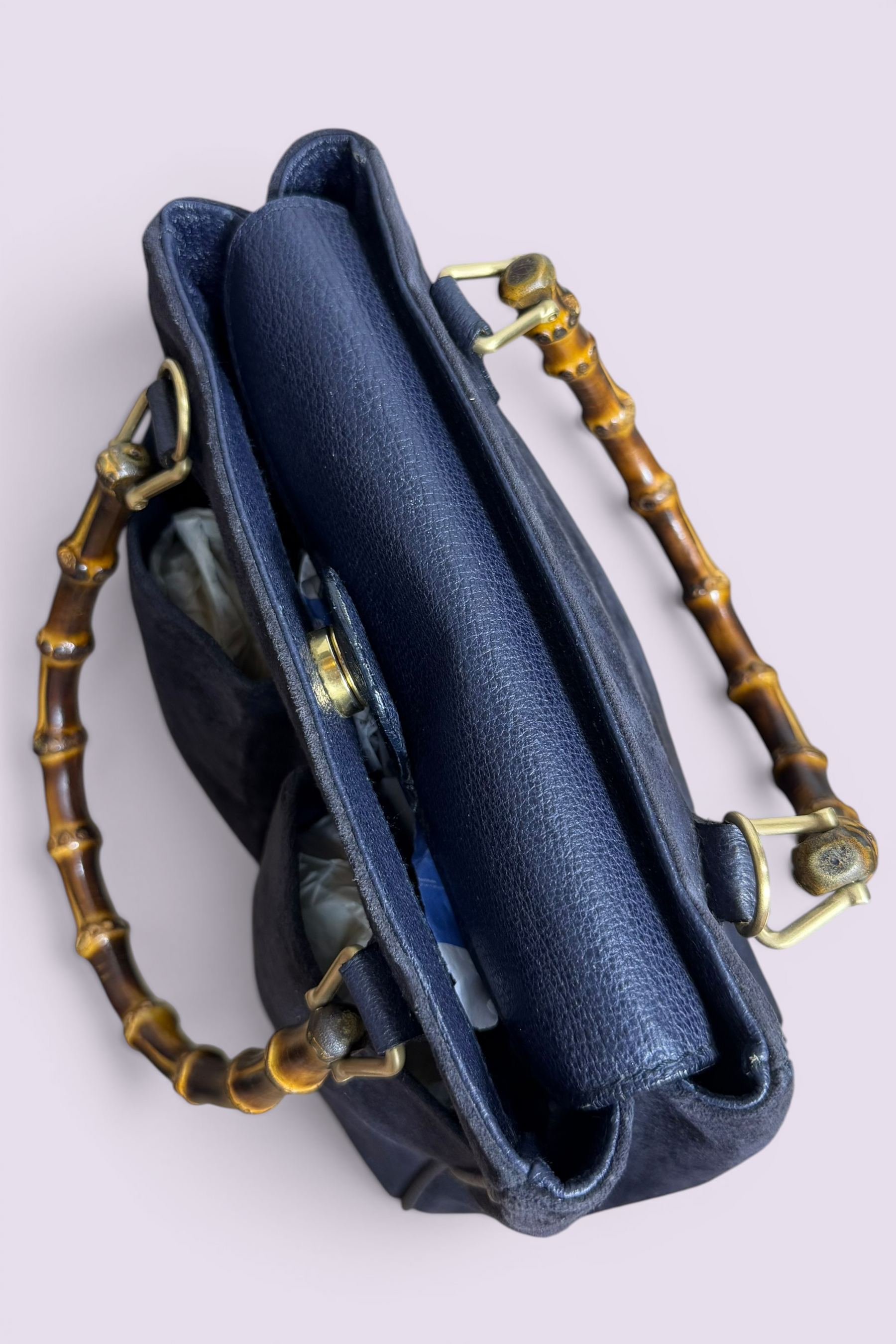 Gucci Bamboo Handle Navy Suede Tote Bag | Italian Vintage