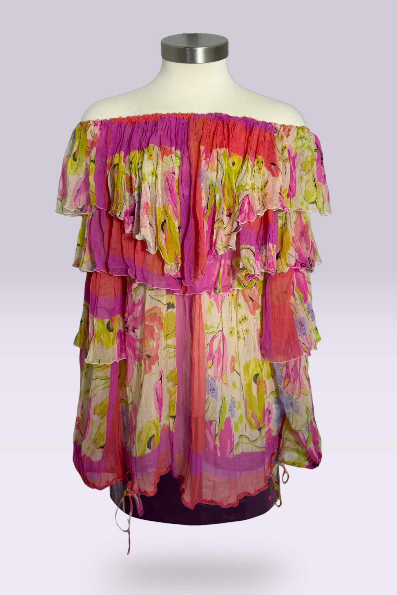Blumarine Silk Floral Off Shoulder Ruffle Blouse | Italian Secondhand