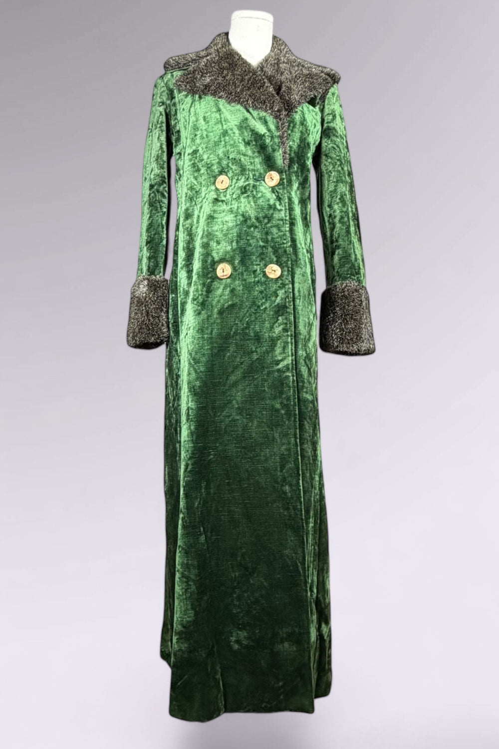 Anna Sui FW 1996 Green Velvet Maxi Coat with Faux Fur Trim | Runway Archive