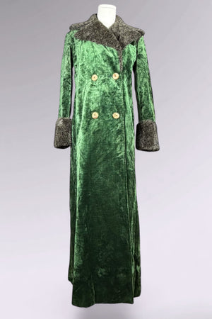 Anna Sui FW 1996 Green Velvet Maxi Coat with Faux Fur Trim | Runway Archive
