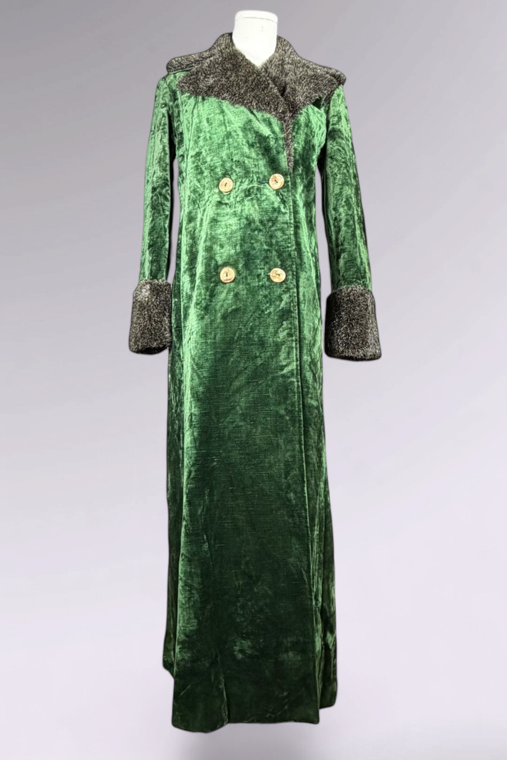 Anna Sui FW 1996 Green Velvet Maxi Coat with Faux Fur Trim | Runway Archive