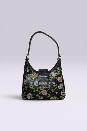 Guess Black Embroidered Python-Embossed Vegan Leather Bag | American Vintage