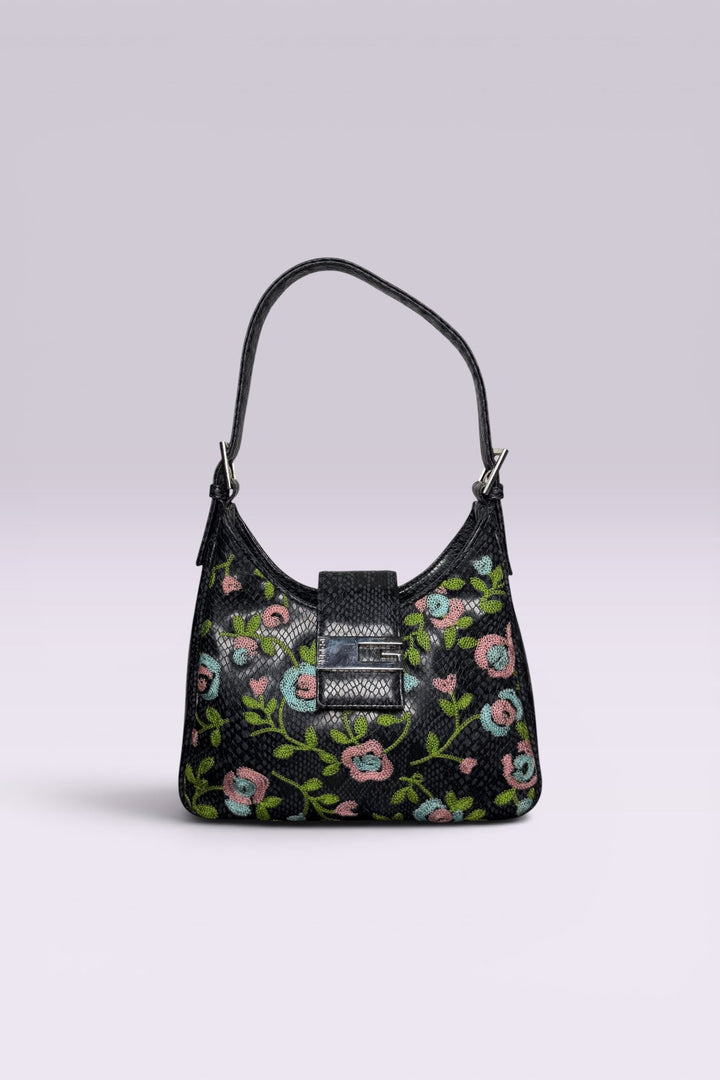 Guess Black Embroidered Python-Embossed Vegan Leather Bag | American Vintage
