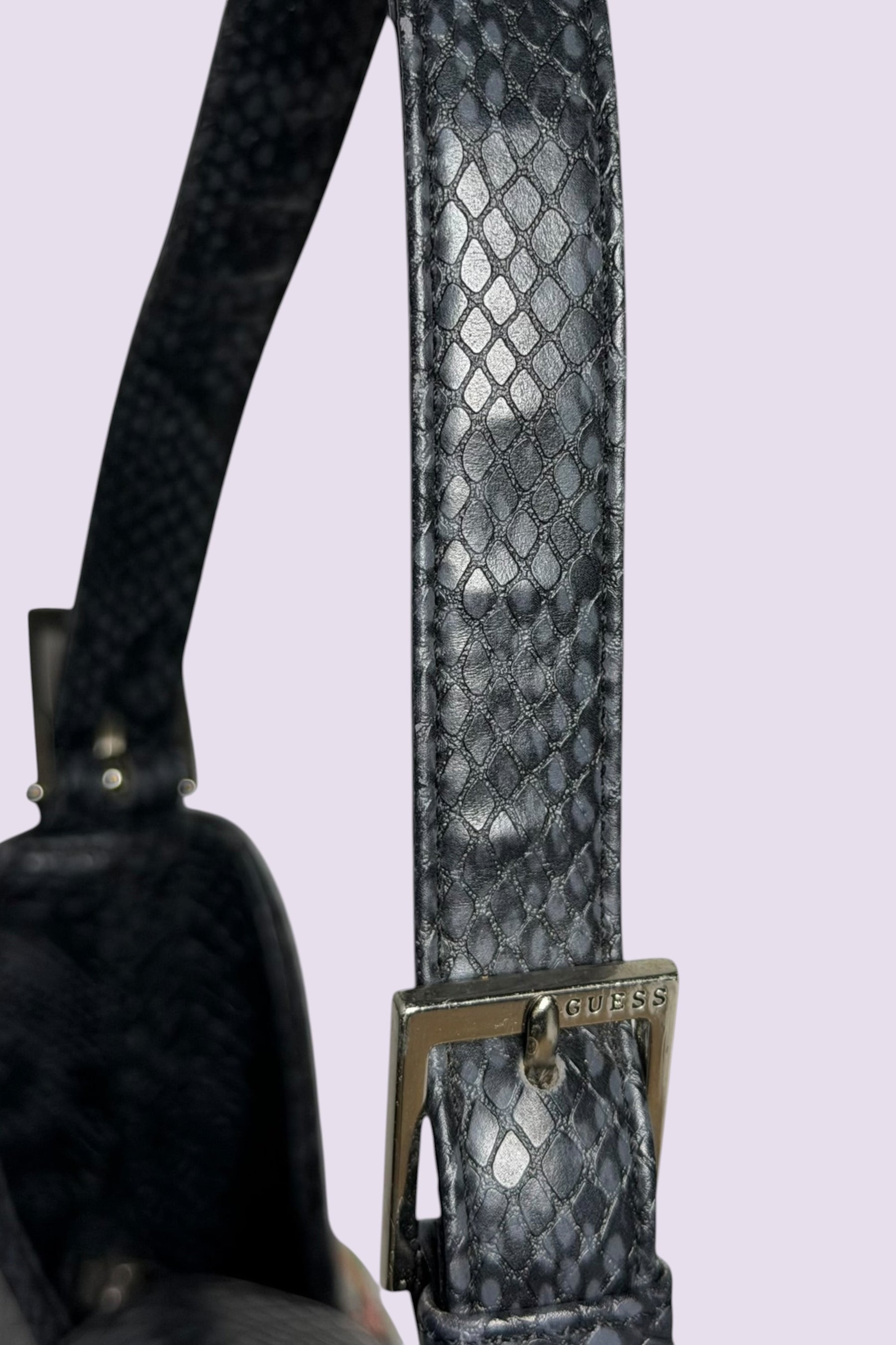 Guess Black Embroidered Python-Embossed Vegan Leather Bag | American Vintage