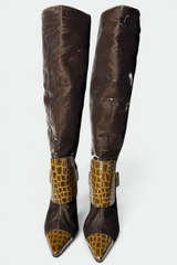COMING SOON: EMANUEL UNGARO BROWN VELVET CROC-EMBOSSED STILETTO BOOTS | FRENCH SECONDHAND