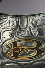 Braccialini Embossed Black Leather Shoulder Bag with Crossbody Strap | Italian Vintage