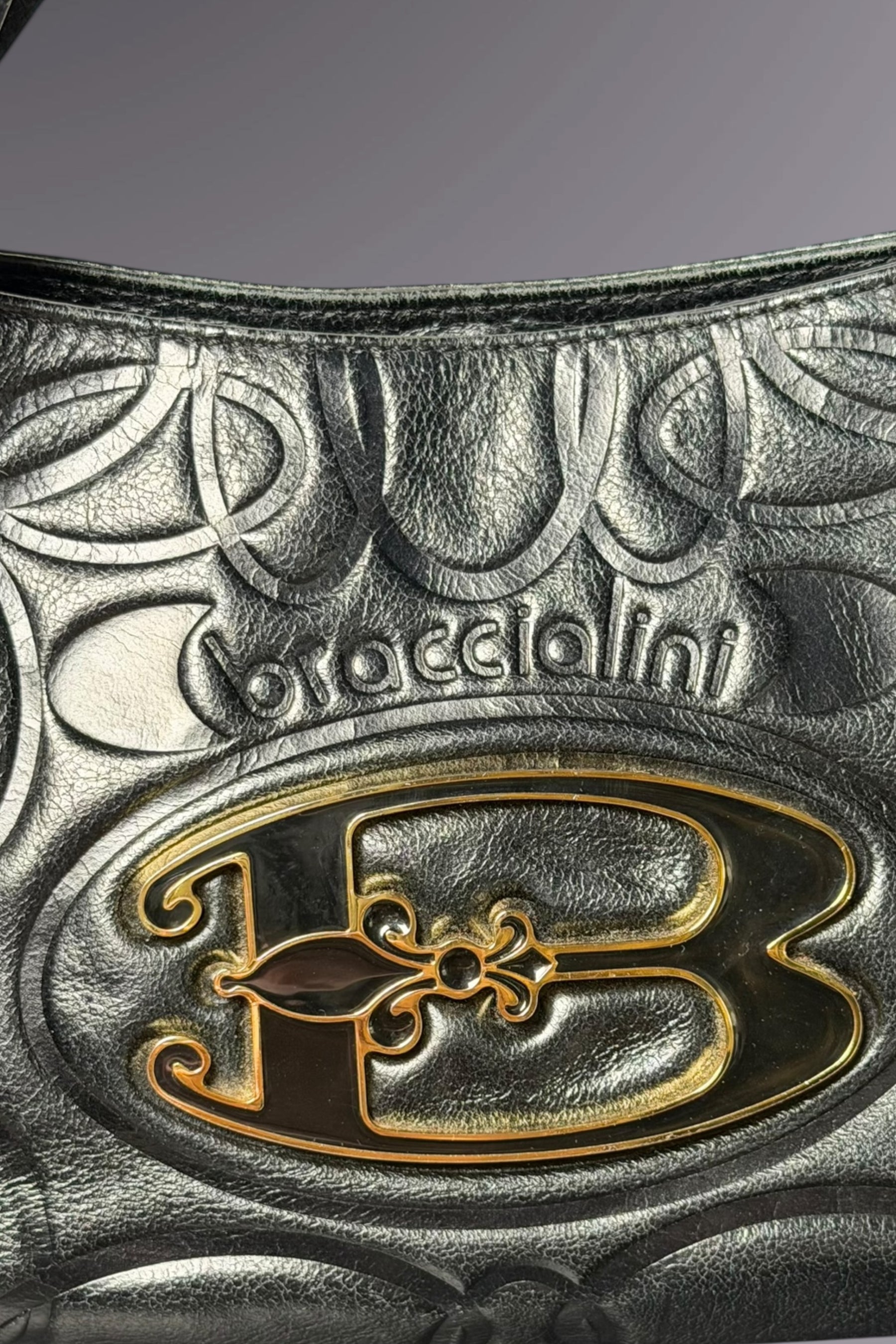 Braccialini Embossed Black Leather Shoulder Bag with Crossbody Strap | Italian Vintage