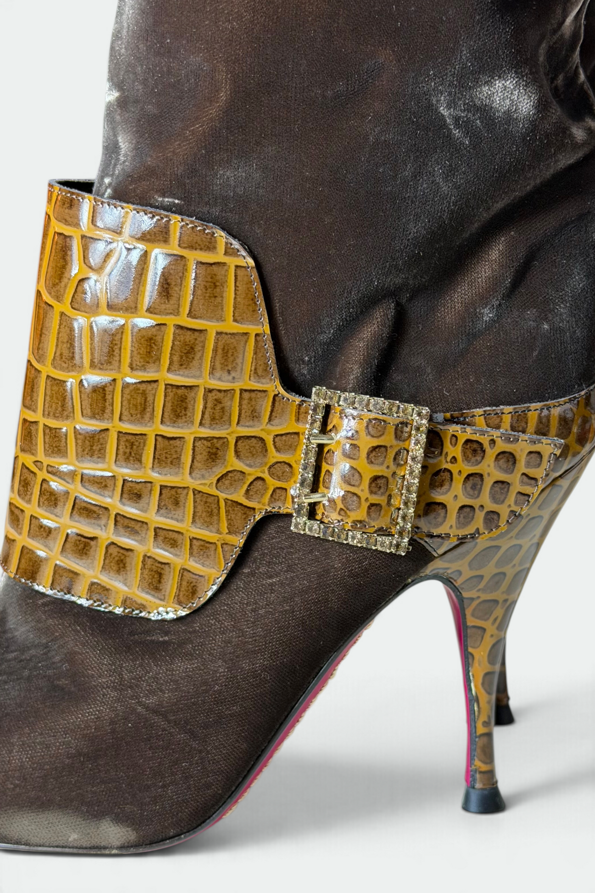 COMING SOON: EMANUEL UNGARO BROWN VELVET CROC-EMBOSSED STILETTO BOOTS | FRENCH SECONDHAND