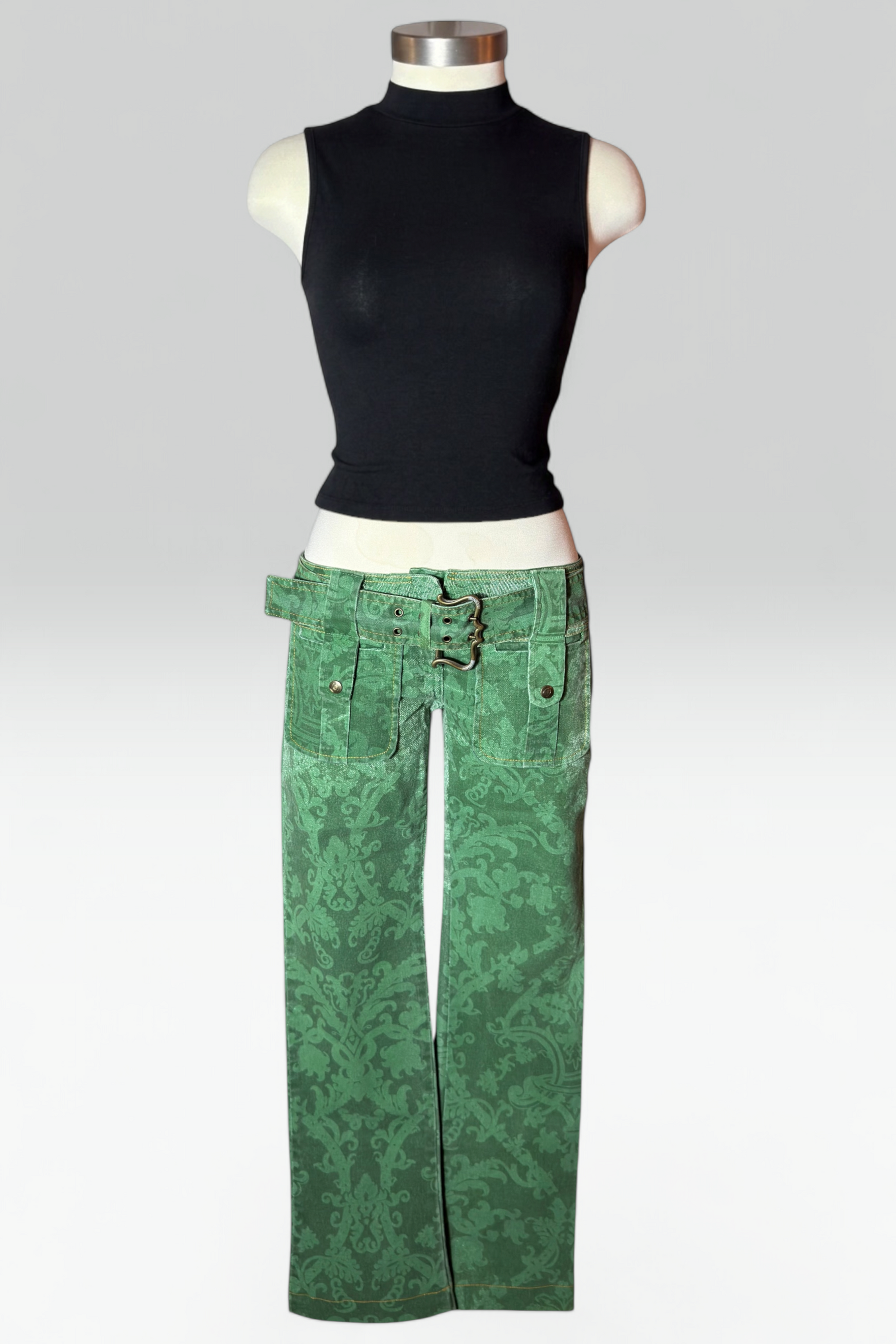 Coming soon: Just Cavalli Green Damask Print Low-Rise Jeans with Belt