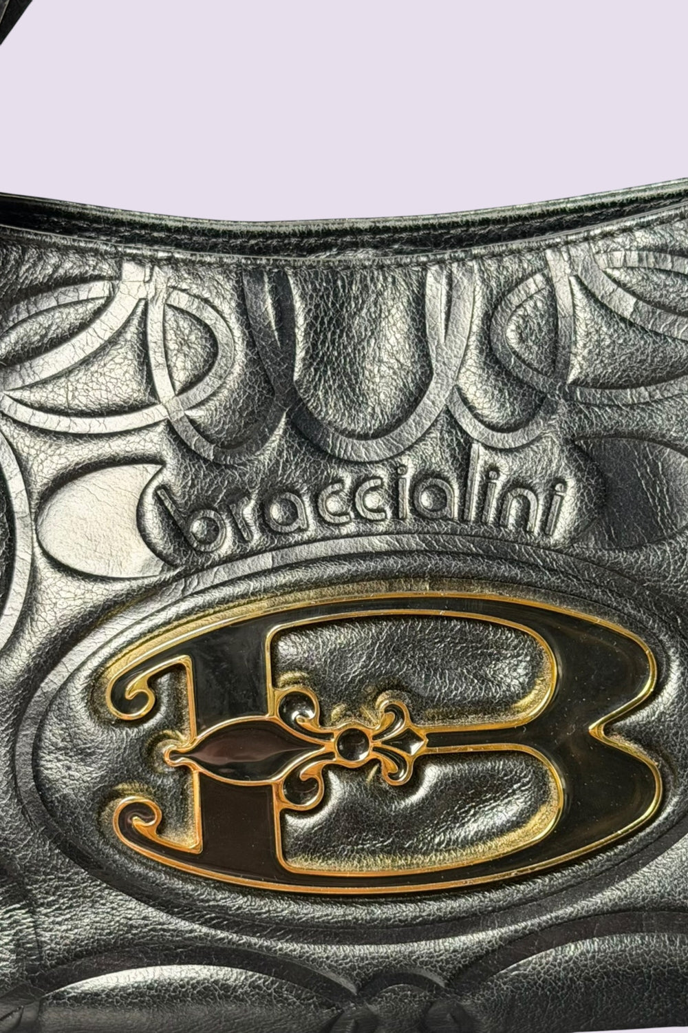 Braccialini Embossed Black Leather Shoulder Bag with Crossbody Strap | Italian Vintage