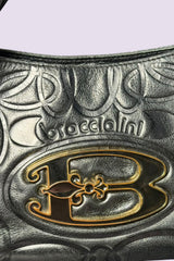 Braccialini Embossed Black Leather Shoulder Bag with Crossbody Strap | Italian Vintage