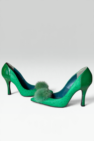 COMING SOON: DIANA AMOROSA GREEN OSTRICH-TEXTURED FUR POMPOM PUMPS | JAPANESE SECONDHAND