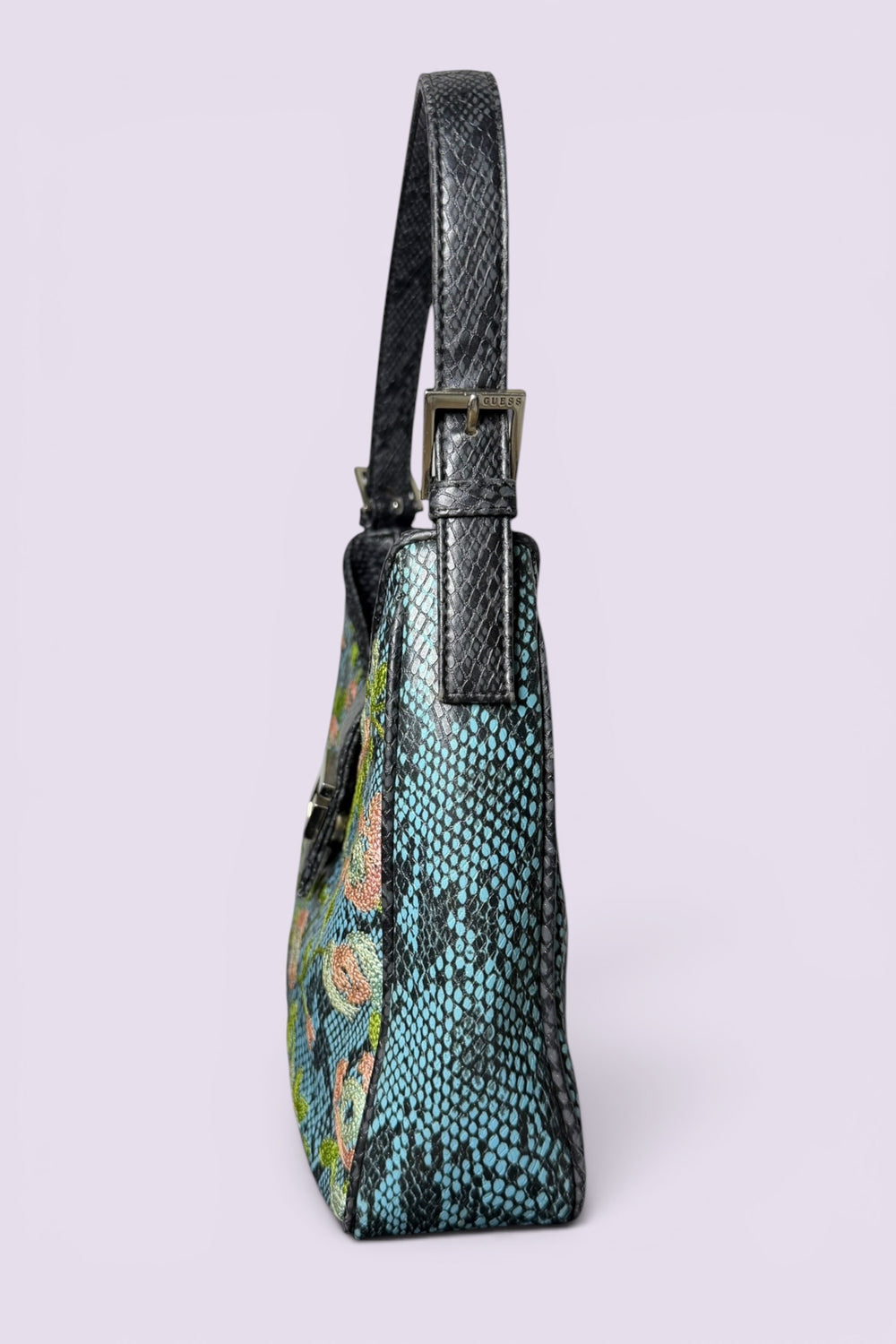 Guess Blue Embroidered Python-Embossed Vegan Leather Bag | American Vintage