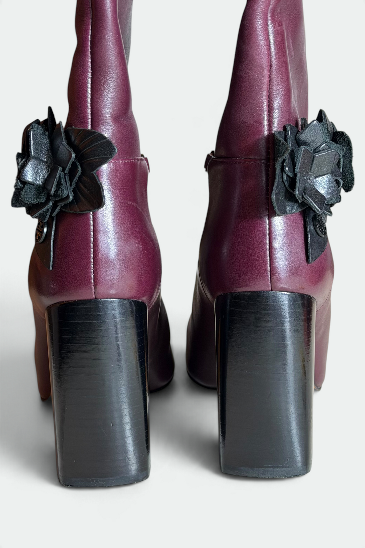 COMING SOON: TORY BURCH PLUM LEATHER FLORAL CHAIN KNEE-HIGH BOOTS | AMERICAN SECONDHAND