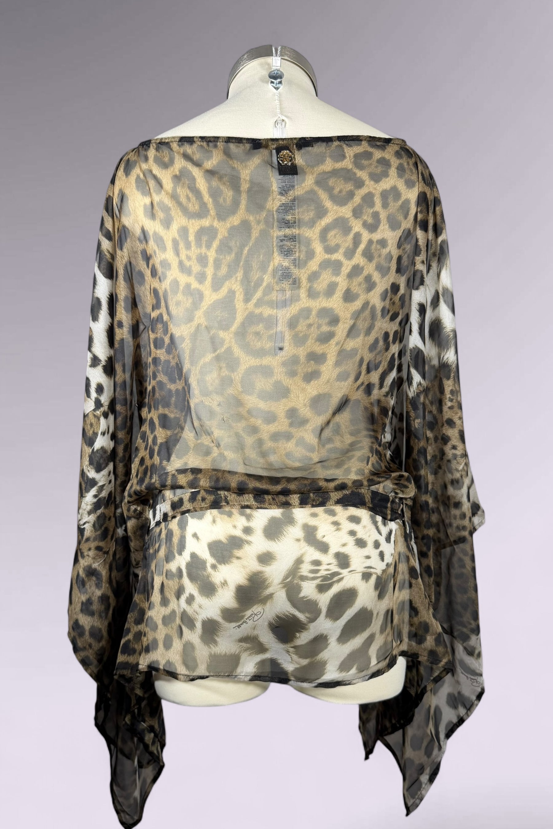 Roberto Cavalli Leopard Print Sheer Tunic Top with Waist Tie | Italian Secondhand