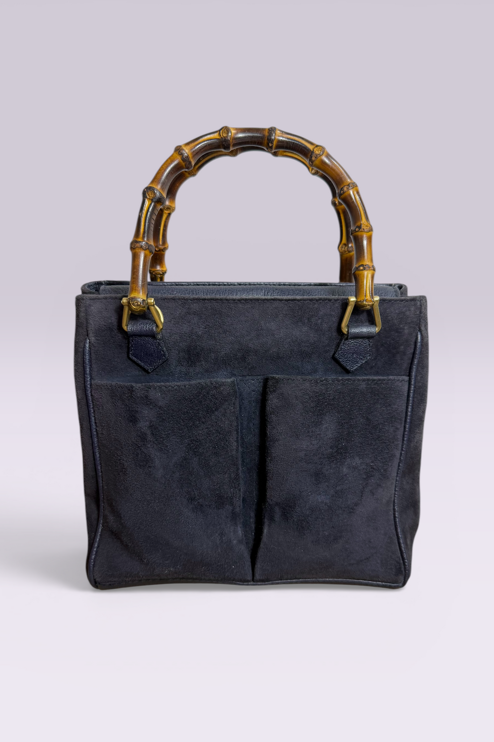 Gucci Bamboo Handle Navy Suede Tote Bag | Italian Vintage