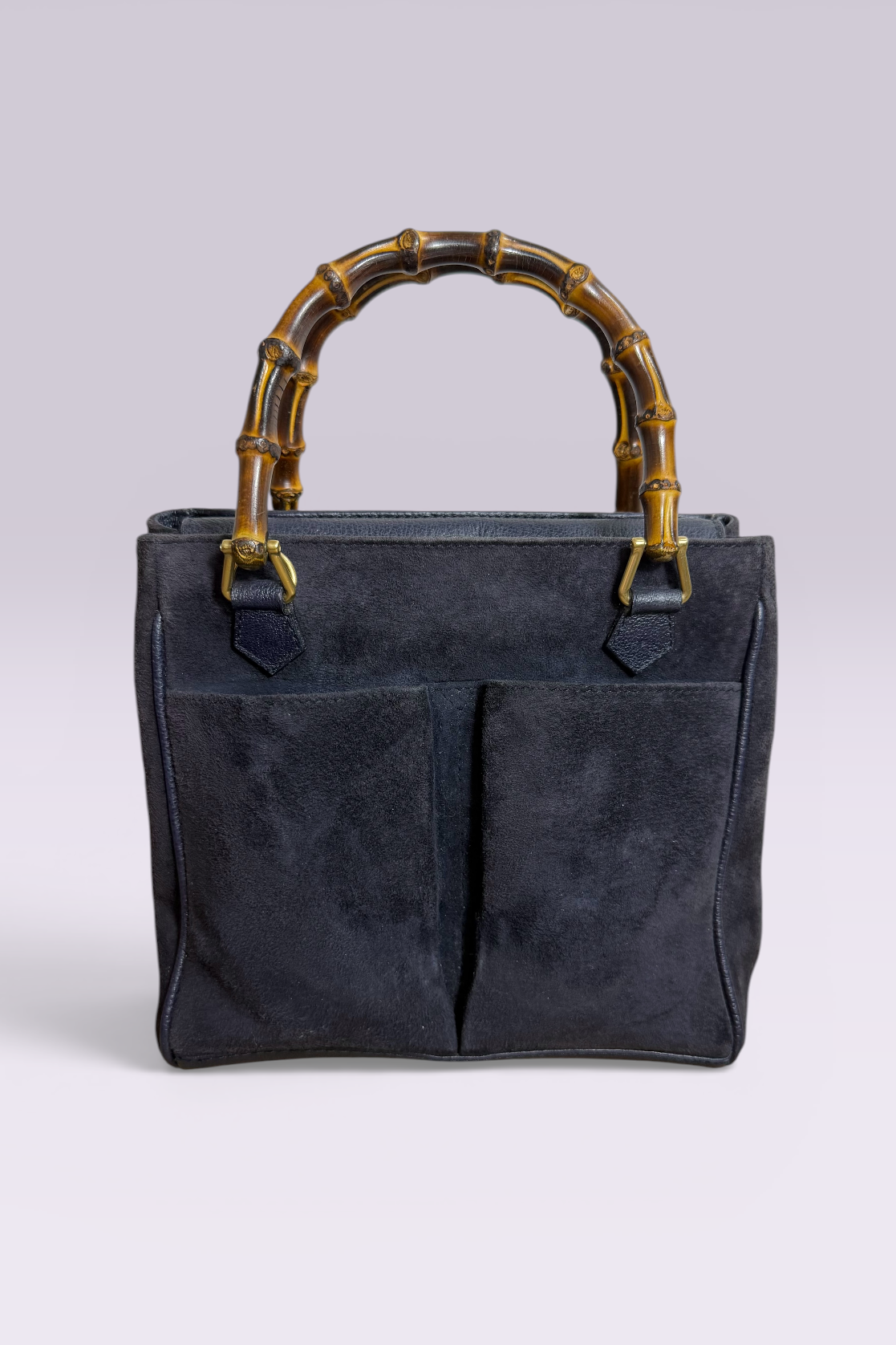 Gucci Bamboo Handle Navy Suede Tote Bag | Italian Vintage
