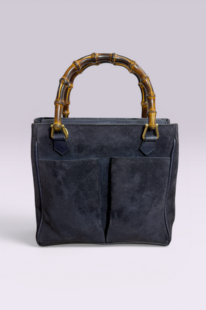 Gucci Bamboo Handle Navy Suede Tote Bag | Italian Vintage