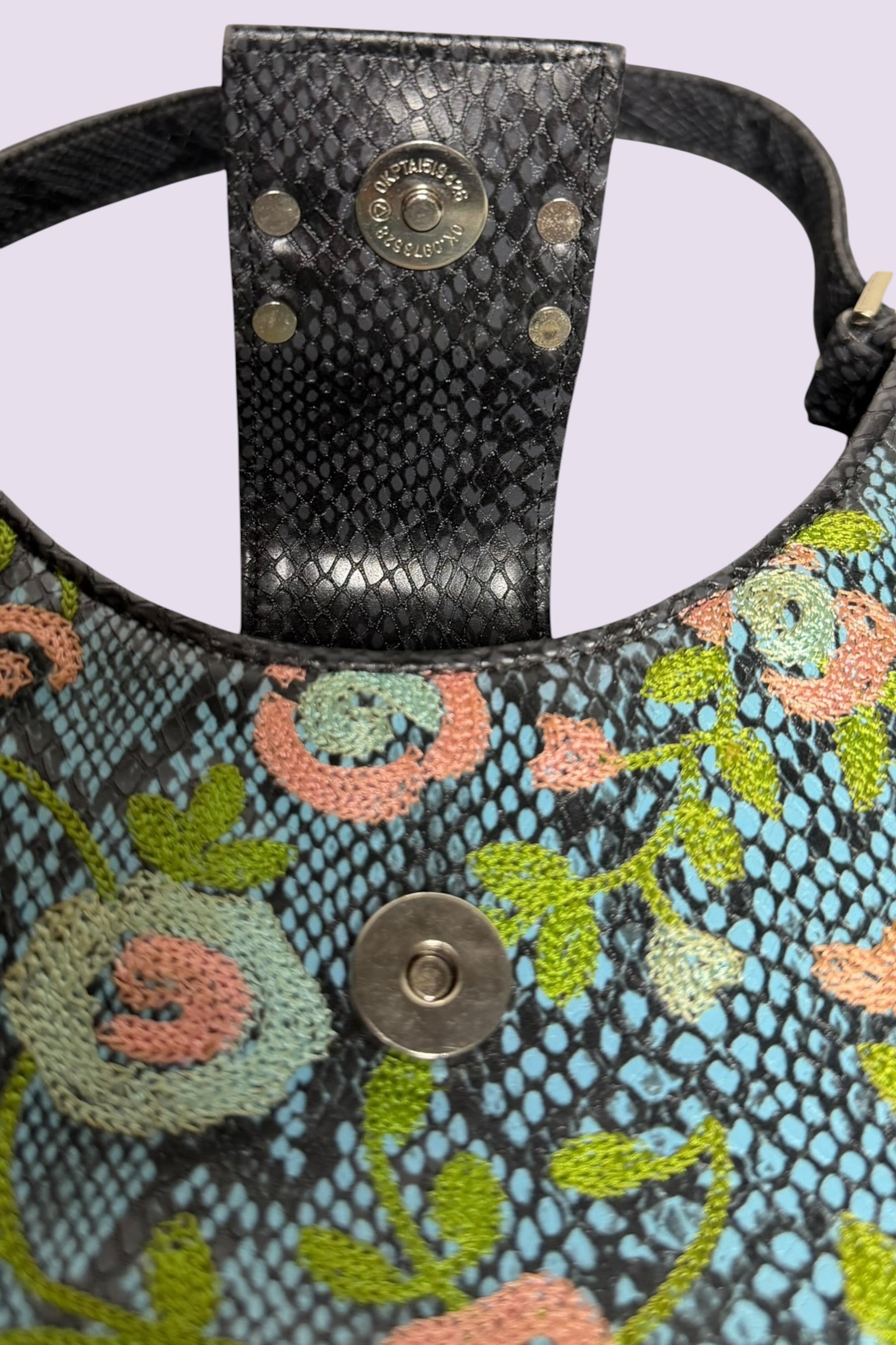 Guess Blue Embroidered Python-Embossed Vegan Leather Bag | American Vintage