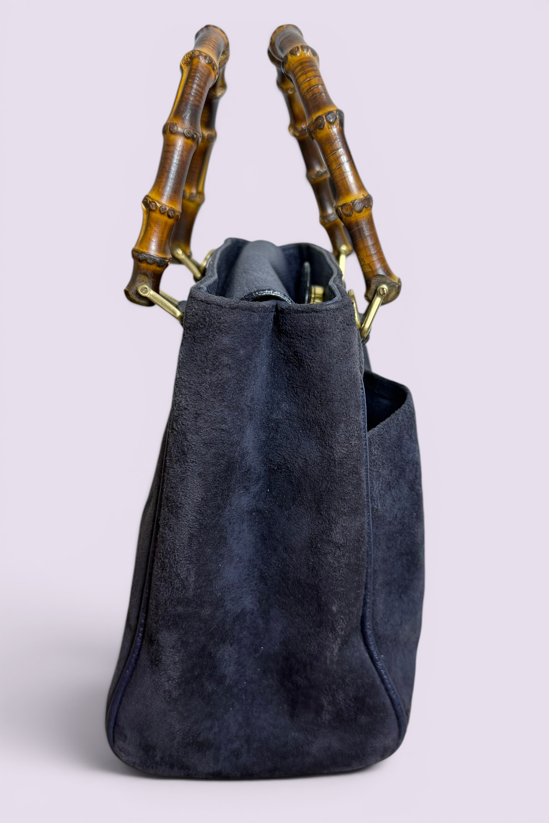 Gucci Bamboo Handle Navy Suede Tote Bag | Italian Vintage