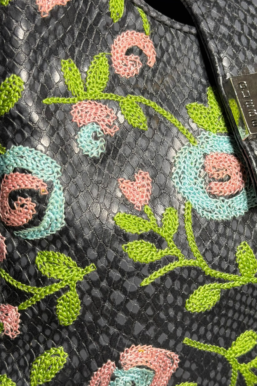 Guess Black Embroidered Python-Embossed Vegan Leather Bag | American Vintage