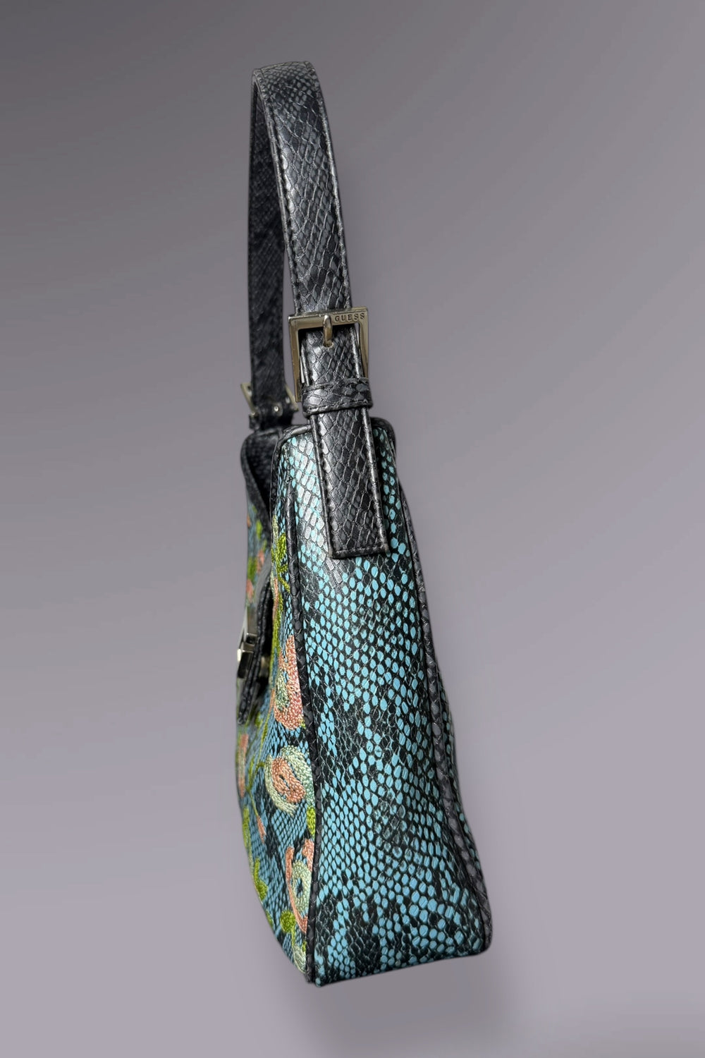 Guess Blue Embroidered Python-Embossed Vegan Leather Bag | American Vintage