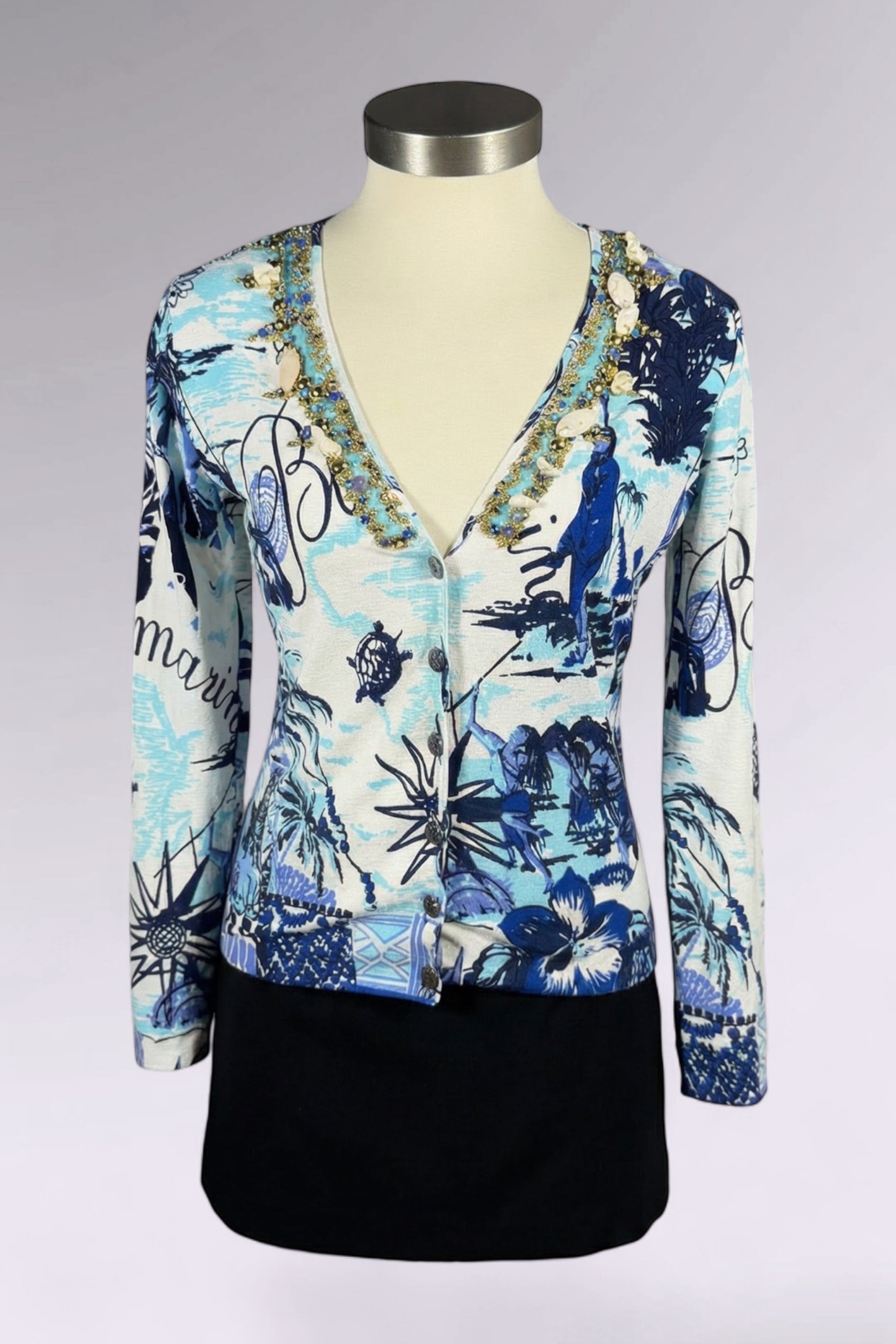 Blumarine Beaded Travel Print Cardigan | Italian Vintage