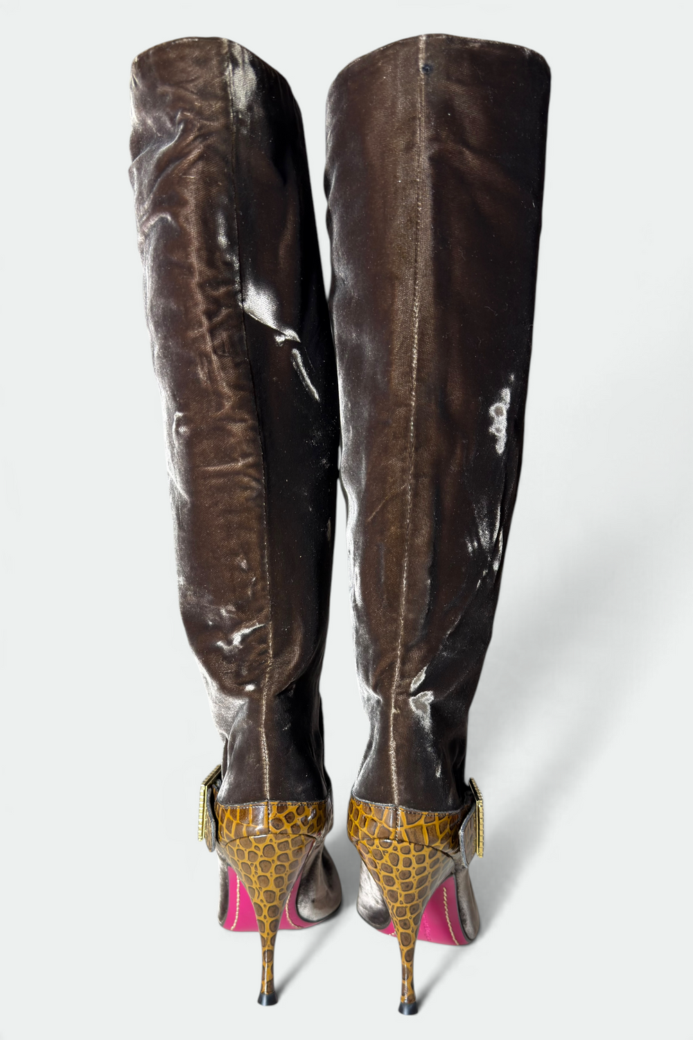 COMING SOON: EMANUEL UNGARO BROWN VELVET CROC-EMBOSSED STILETTO BOOTS | FRENCH SECONDHAND