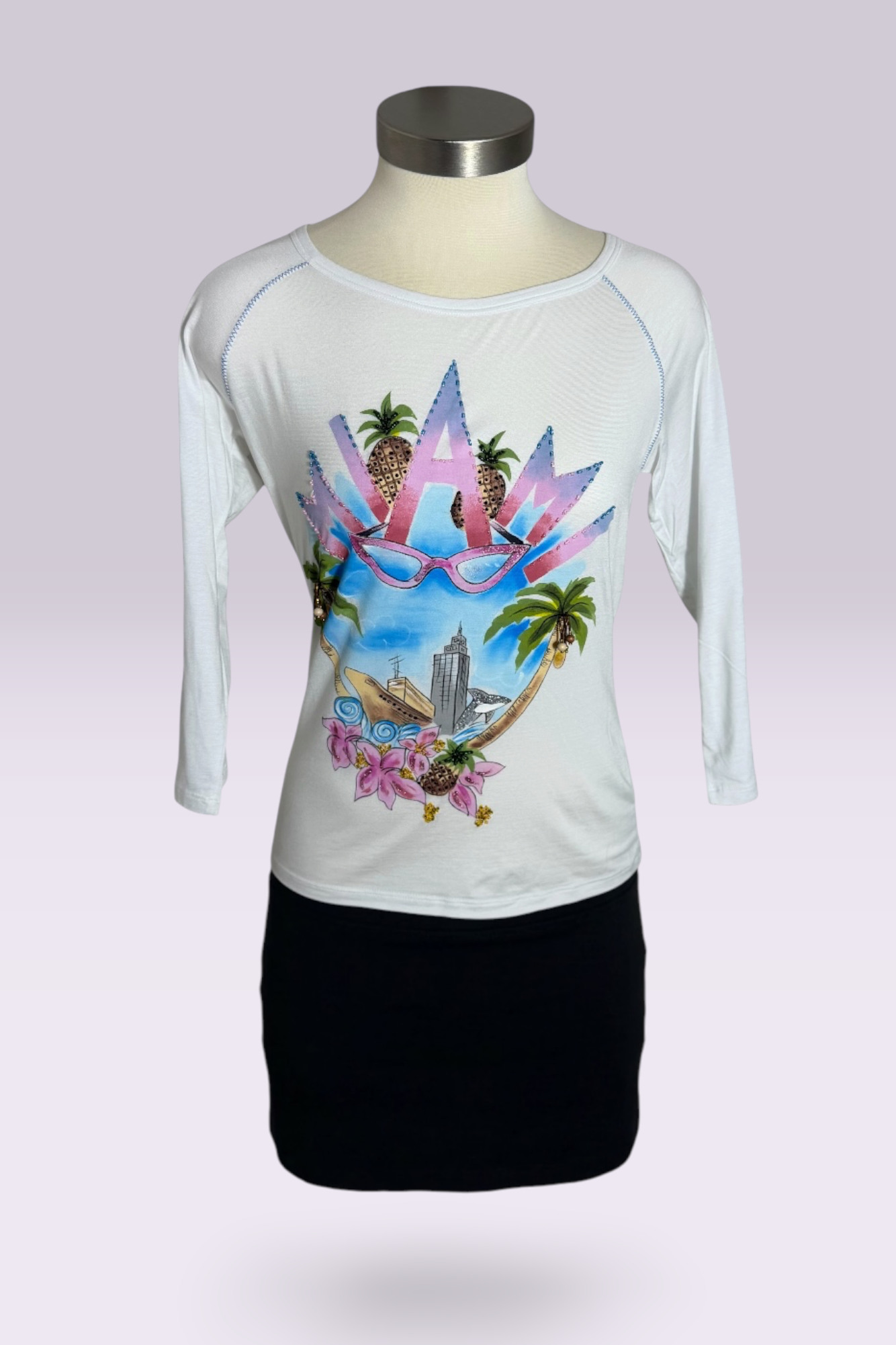 Blugirl by Blumarine Miami Graphic Embellished 3/4 Sleeve Top | Italian Vintage