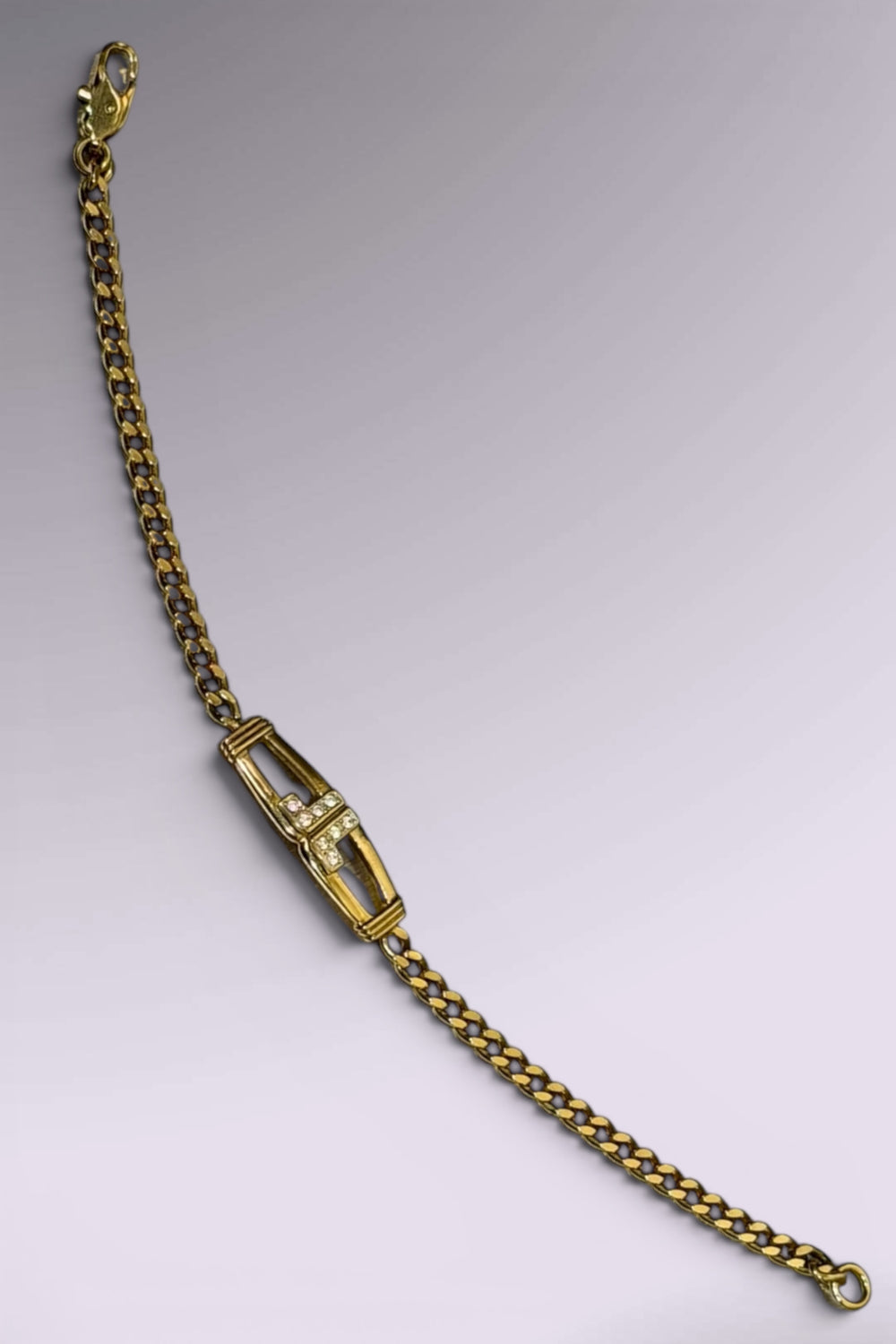 Lanvin LL Gold Tone Chain Bracelet with Pave Letter Detail | French Vintage
