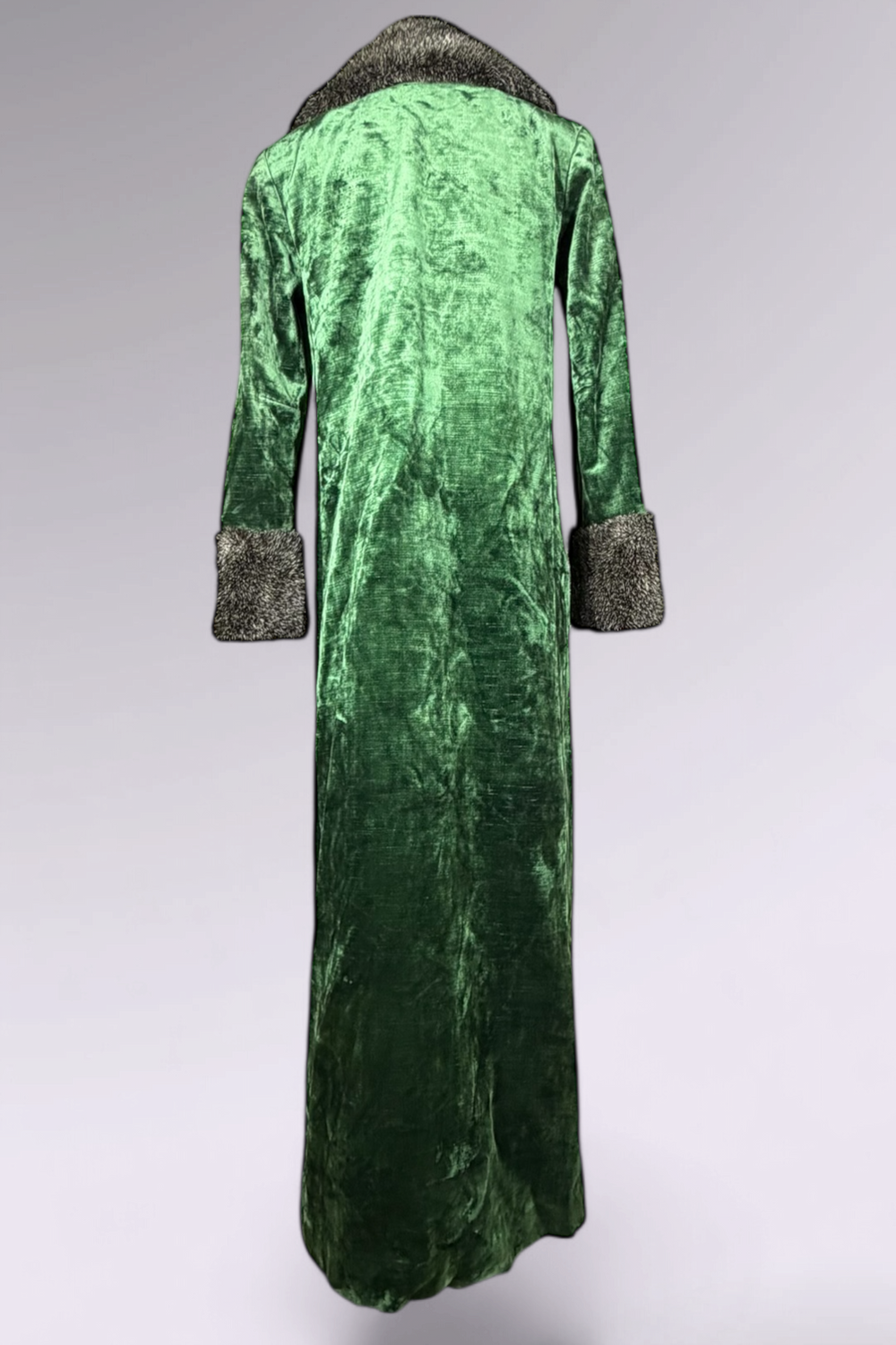 Anna Sui FW 1996 Green Velvet Maxi Coat with Faux Fur Trim | Runway Archive
