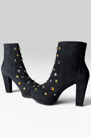 COMING SOON: SONIA RYKIEL BLACK SUEDE JEWELED PLATFORM ANKLE BOOTS | FRENCH SECONDHAND